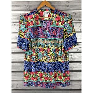 Vtg 90s More Jazz Blouse Dress Womens 22W Colorful Bright Paisley USA 100% Rayon